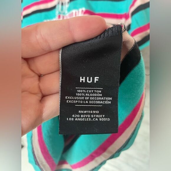 HUF Worldwide brand Men’s Blue Pink Black Striped Tee Vibrant Colored - Picture 7 of 9